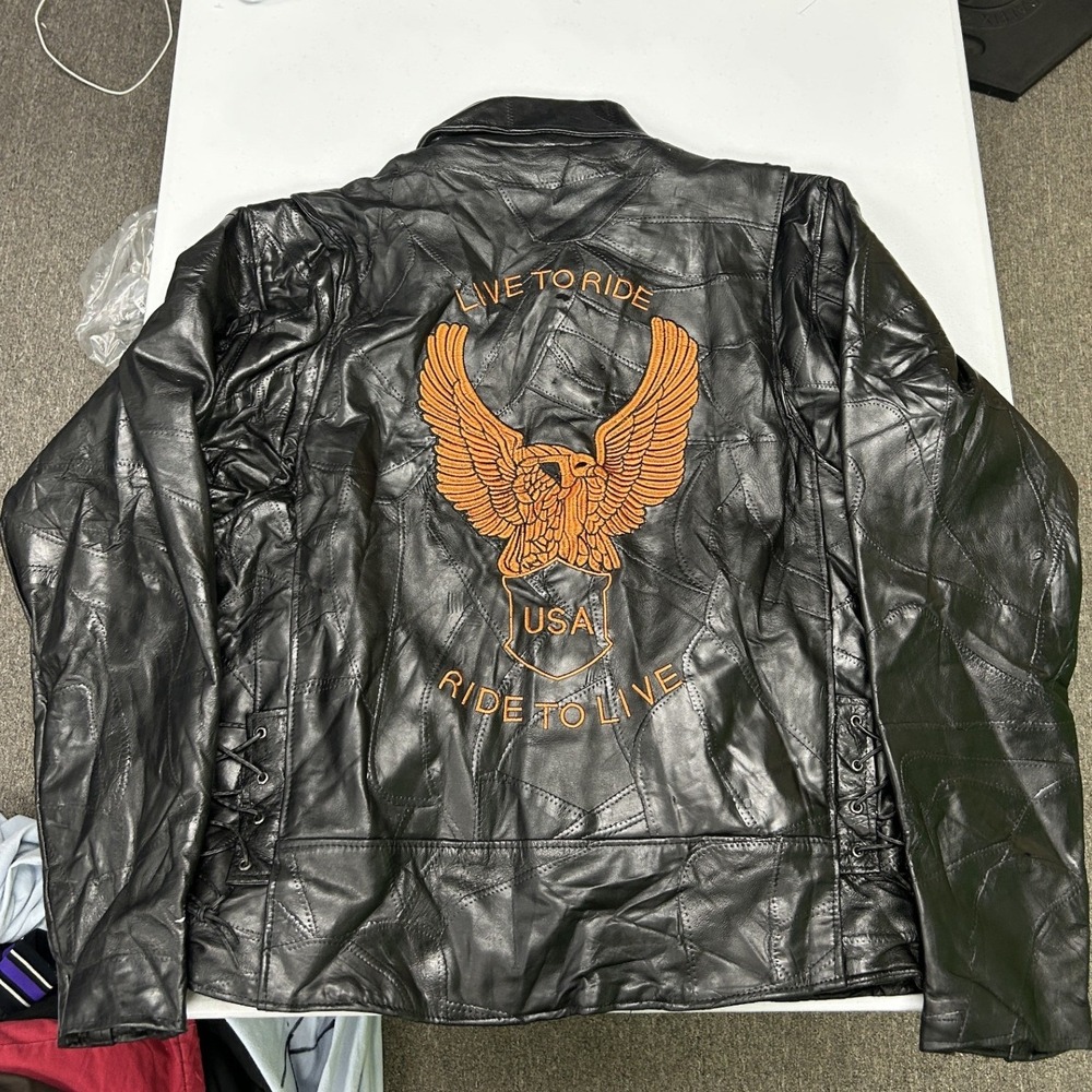 Diamond Plate Leather Jacket Mens XL Black Patchwork Eagle Live To Ride USA D3